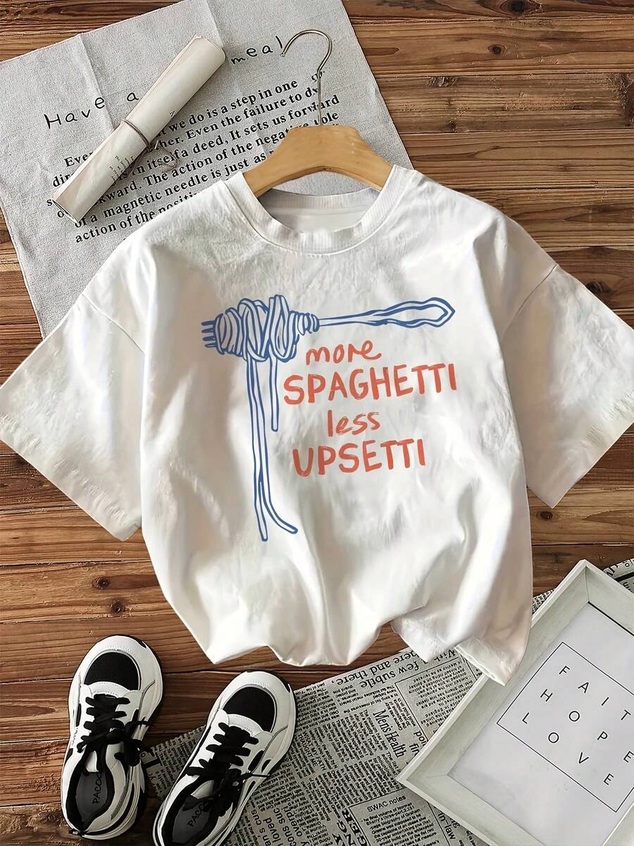Vibe de ilha de verão [Natureza] Estilo minimalista Texto "Spaghetti" mais ou menos Estampa de espaguete "UPSETTI" Camiseta de manga curta com gola redonda - Branco - Ver 1