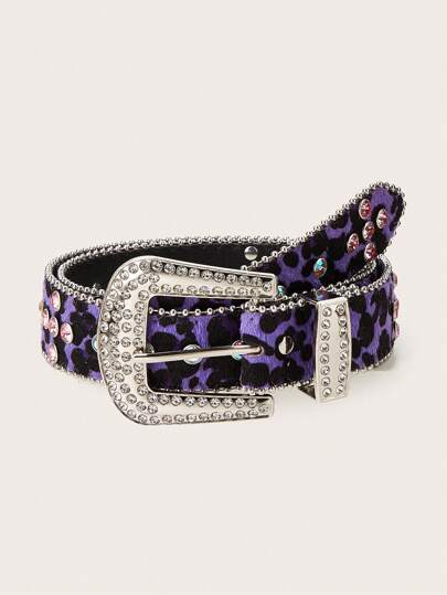 1pc Purple Leopard Print Rhinestone Embellished Fashion Party Belt For Women, Suitable For Carnival, Back To School, Christmas, Halloween, Daily Wear