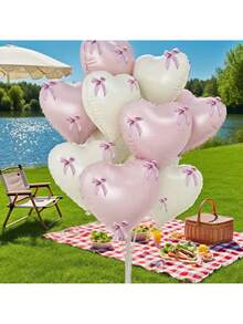 42pcs 18-Inch Cream White & Pink Heart & Bow Foil Balloons, Birthday Party Decor, Theme Party Decor, Celebration Party Decor, Valentine's Day, Wedding, Engagement, No Power Required