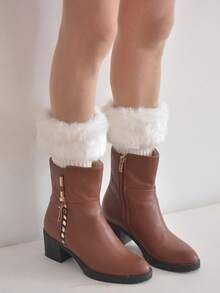 1 Paio di Scaldamuscoli Caldi da Donna, Scaldamuscoli Corti Imbottiti e Lavorati a Maglia Rigati per Autunno/Inverno, Scaldamuscoli Corti con Bordo Soffice di Colore Unito