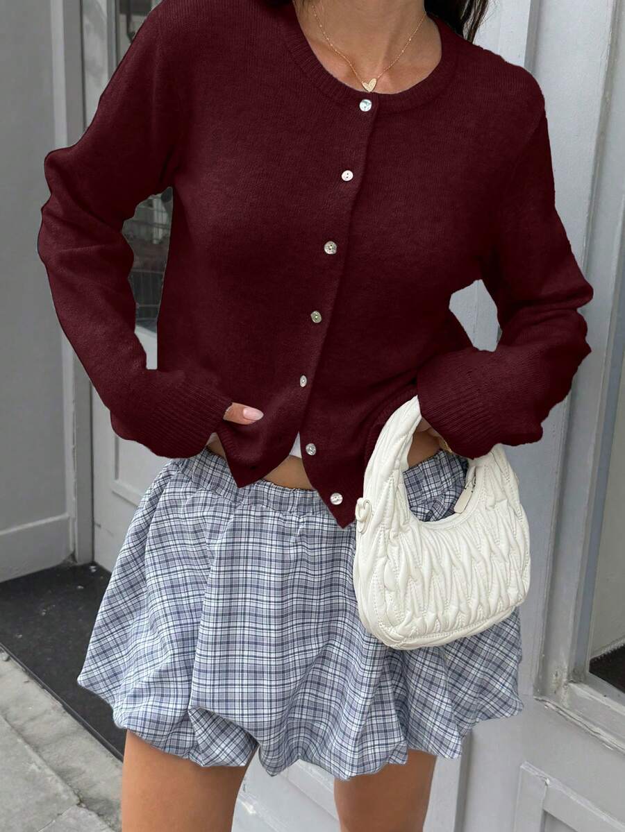 Buzzelle 秋冬新款酒紅色圓領單排扣針織女式上衣，休閒Y2K風格開襟衫外套，日常通勤裝