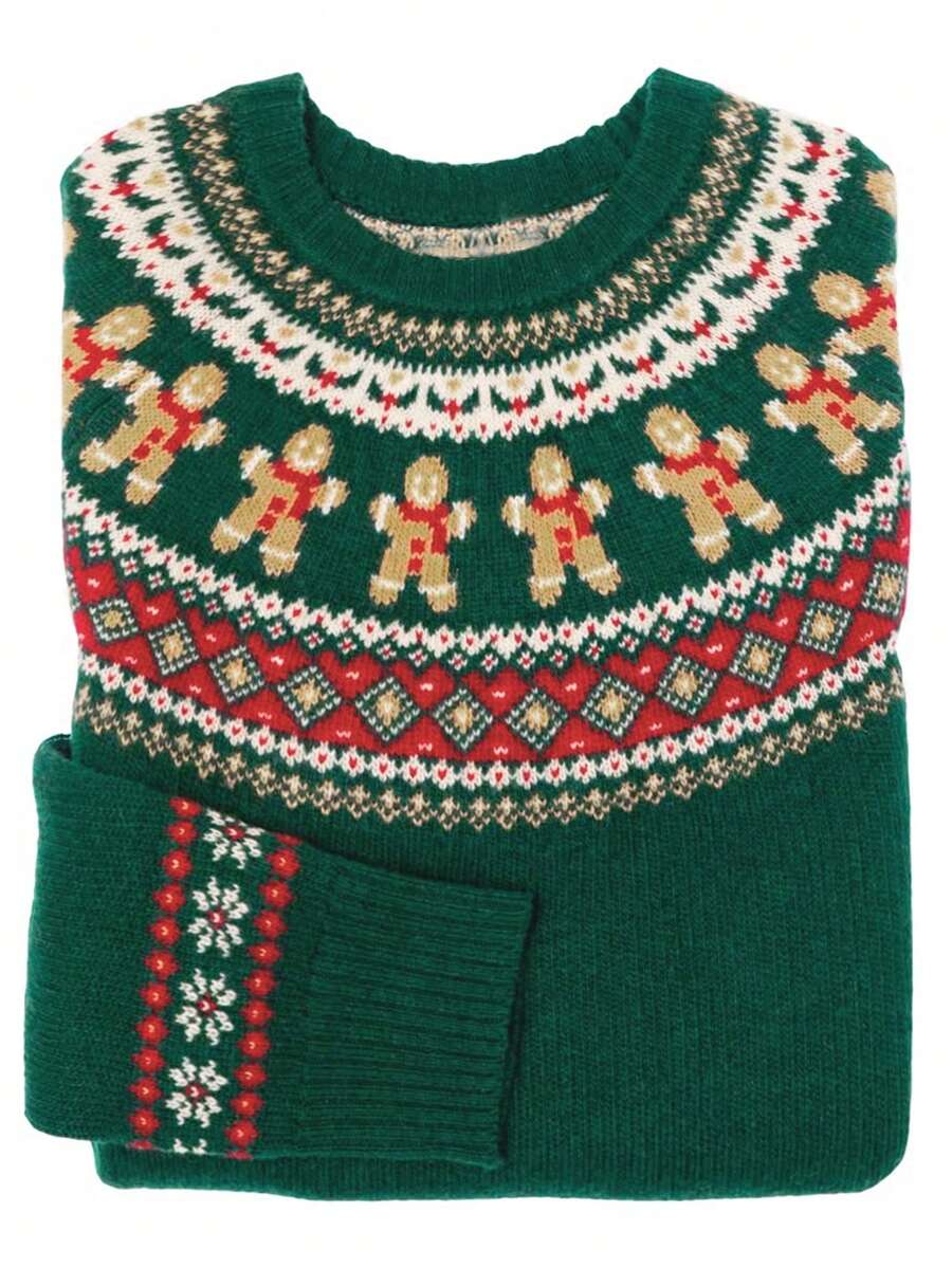 Lime Green Christmas Autumn And Winter Fashion Elegant Casual Women's Autumn And Winter Tops Autumn And Winter Women's Dark Green Gingerbread Man Geometric Pattern Patchwork Autumn And Winter Fashion Comfortable Casual Simple Home Commuter Design Round Neck Decorative Long Sleeve Women's Knitted Pullover Tops Sweater