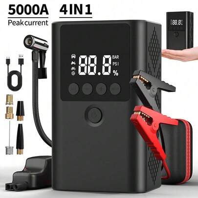 Jump Starter Power Bank With Air Compressor 150 PSI 5000A Jump Starter For Cars 12 V Car Jump Starter Power Bank Up To 9 L Petrol And 8 L Diesel Engine LED Light