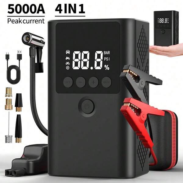 Jump Starter Power Bank With Air Compressor 150 PSI 5000A Jump Starter For Cars 12 V Car Jump Starter Power Bank Up To 9 L Petrol And 8 L Diesel Engine LED Light