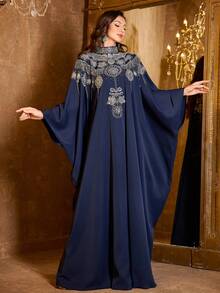 UNITHORSE Women's Stand Collar Long Sleeve Applique Satin Long Temperament Evening Dress - Navy Blue - View 5