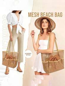 Mesh Beach Bag, Women's Shoulder Tote Bag, Large Capacity Foldable Mesh Swim Bag With Pocket, Bath Swimming Toiletries Storage Bag, Beach And Seaside Entertainment Storage Tote Bag - Multicolor - View 2