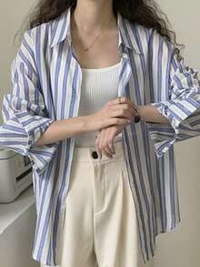 Camisa de protección solar a rayas de verano para mujer camisa de estilo nicho de diseño delgado versátil elegante top de manga larga - Azul - Ver 2