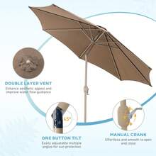 Aoodor 9FT Outdoor Patio Umbrella, Outdoor Market Table Umbrella With 8 Sturdy Ribs, Push Button Tilt And Crank For Garden, Deck, Backyard - 咖啡棕 - 查看 5