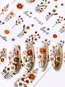 FULL BEAUTY 2片棕色花束秋季美甲贴纸，雏菊花瓣和藤蔓叶子白色美甲贴花，DIY美甲用品，秋季美甲装饰 - 彩色 - 查看 4