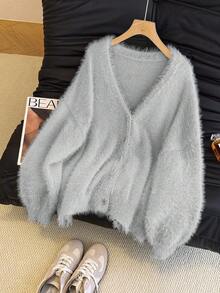 1 pieza Cárdigan de punto de unicolor de piel sintética de marta, adecuado para vacaciones y uso diario, otoño/invierno
