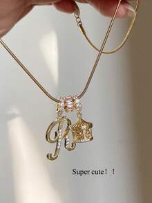 1pc Minimalist Cubic Zirconia Heart Gemstone Initial Letter DIY Necklace, Customized Simple Letter Name Necklace, Stainless Steel Initial Pendant Necklace, Fashionable, Casual, Personalized, Unique Gift For Girlfriend, Mom, Family, Friend, Anniversary, Valentine's Day, Mother's Day, Birthday, Graduation, Daily Wear, Wedding, Party - Gold - View 5