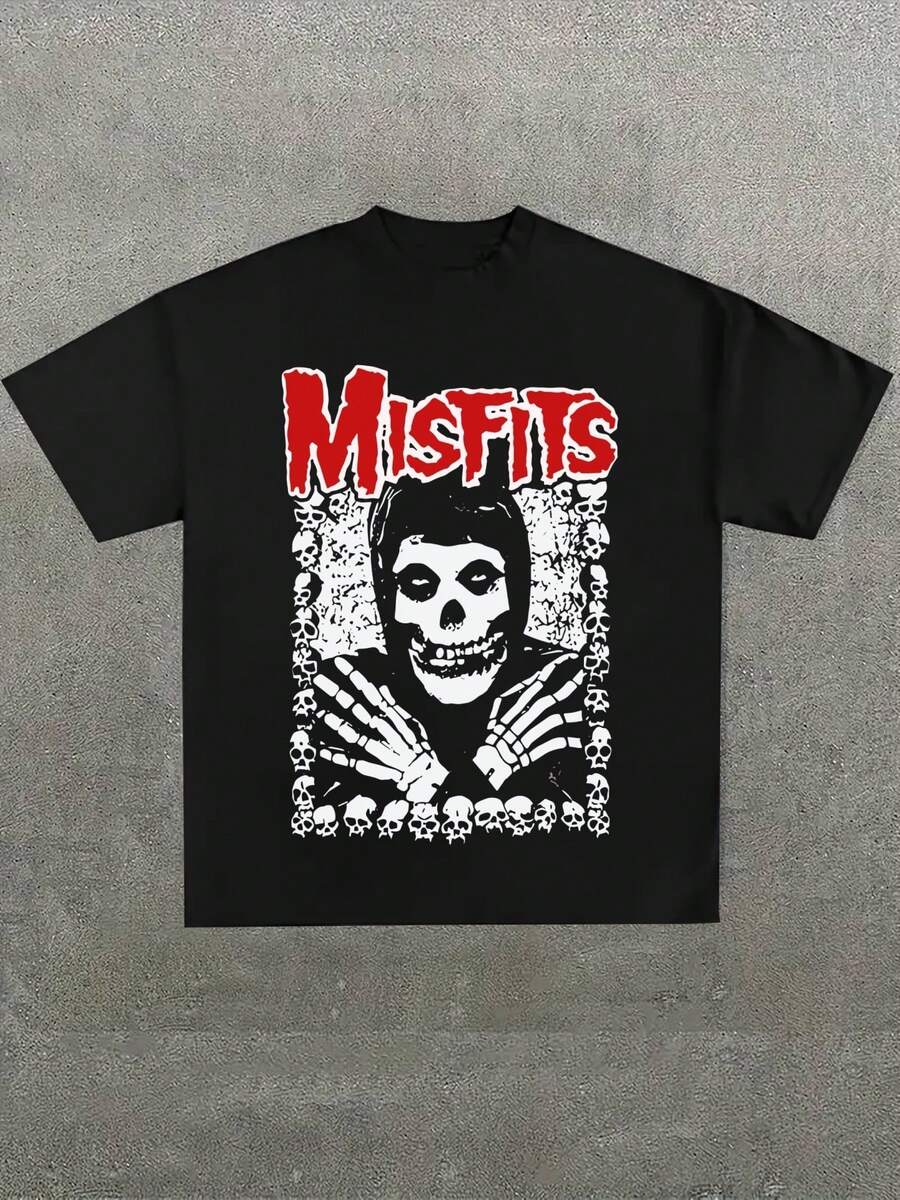 Misfits Skull Frame Graphic Tee,Comfortable Casual Short Sleeve, 220 Grams Heavyweight Cotton Printed T-Shirt,Halloween - Black - View 1