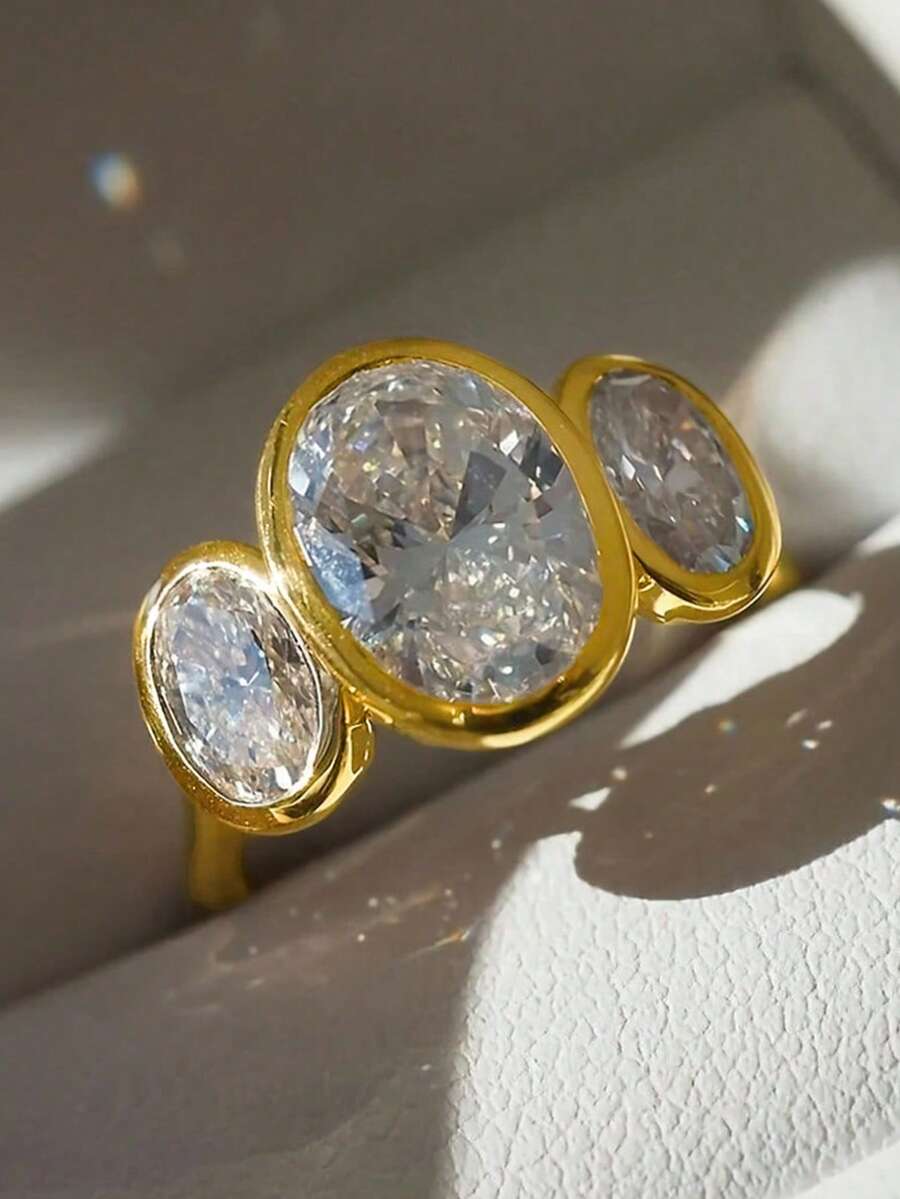 1pc Minimalist Goose Egg Cubic Zirconia 18K Gold Plated Retro Style Fashion Ring For Women - 金色 - 查看 1