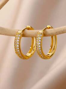 1 对奢华方晶锆石多边形环形耳环女士金色不锈钢几何耳环派对婚礼珠宝礼物