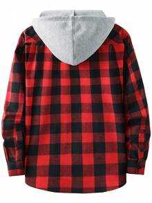Four Seasons Two-Piece Set Contrast Plaid Men's Casual Hooded Shirt - 紅色白色 - 查看 3