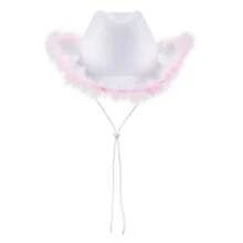 Womens Cowboy Hat, Adult Solid Color Furry Trim Wide Brim Hat Female Cap For Dating Party - White Powder Feathers - View 3