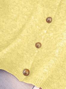 1 Áo len cardigan dệt kim màu trơn mềm mại, nhẹ nhàng, tối giản, cổ tròn, thời trang đa năng dành cho nữ, mùa thu/đông - Vàng nhạt - Xem 7