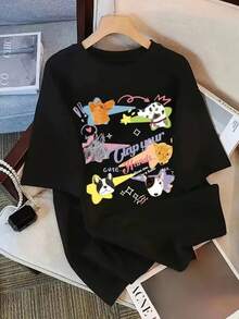 220g multi-color pure cotton T-shirt, soft, easy to breathe in summer, popular and popular recently, moisture wicking, printed with cute cartoon animal patterns, suitable for sports, outdoor travel and weekends, the best gift choice - Negro - Ver 1