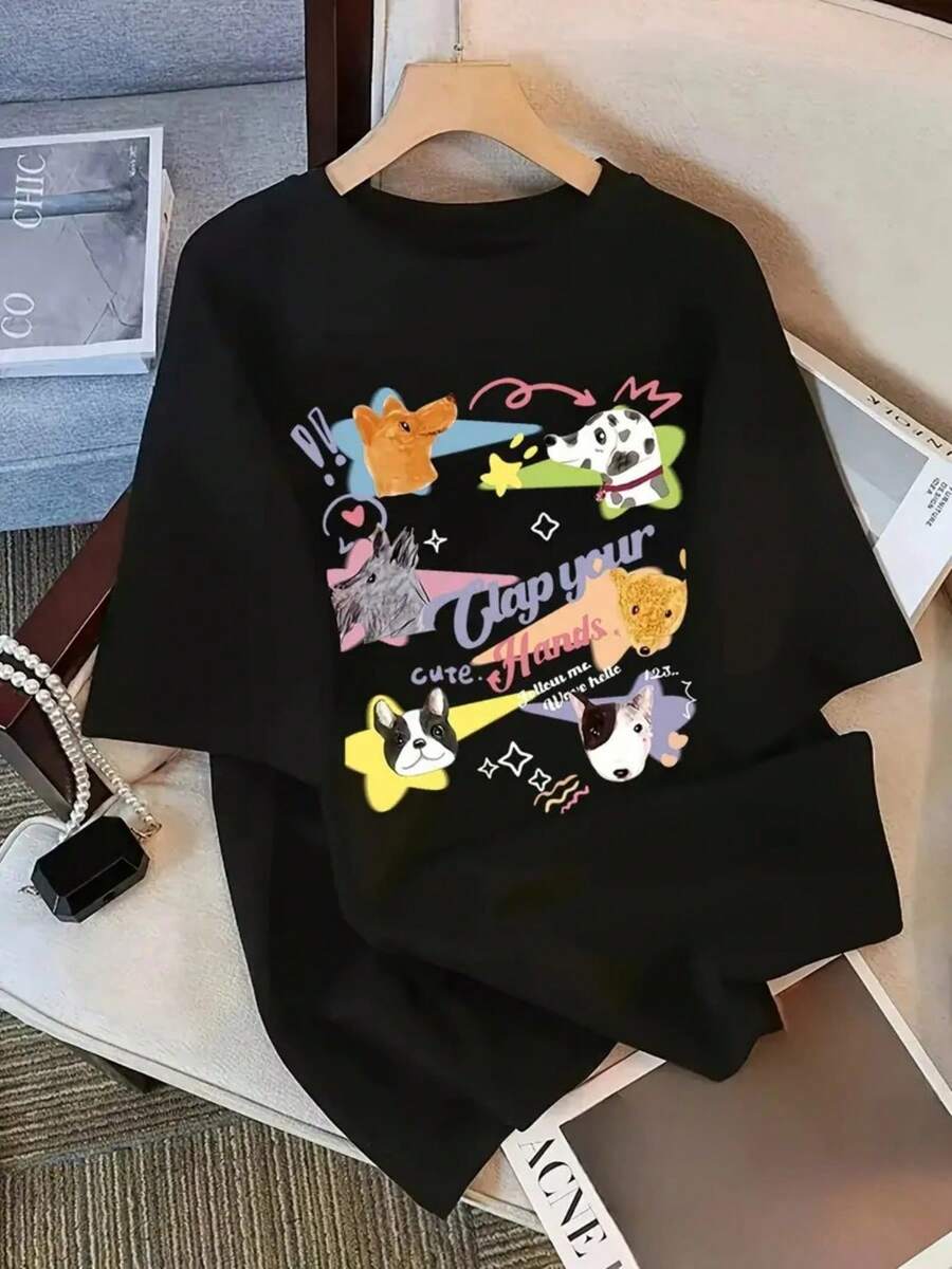 220g multi-color pure cotton T-shirt, soft, easy to breathe in summer, popular and popular recently, moisture wicking, printed with cute cartoon animal patterns, suitable for sports, outdoor travel and weekends, the best gift choice - Negro - Ver 1