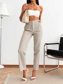Elegant Office Lady Pleated Side Pocket Slim-Fit Pants For Women - 杏色 - 查看 2