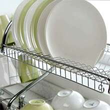 Estante de cocina de metal en forma de S de 2 niveles - Drenaje de doble capa para tazas y platos, organizador de gabinetes que ahorra espacio, solución de almacenamiento de encimera de hierro beige, organización de gabinetes | Estante elegante para platos | Estante metálico resistente - Plateado - Ver 5