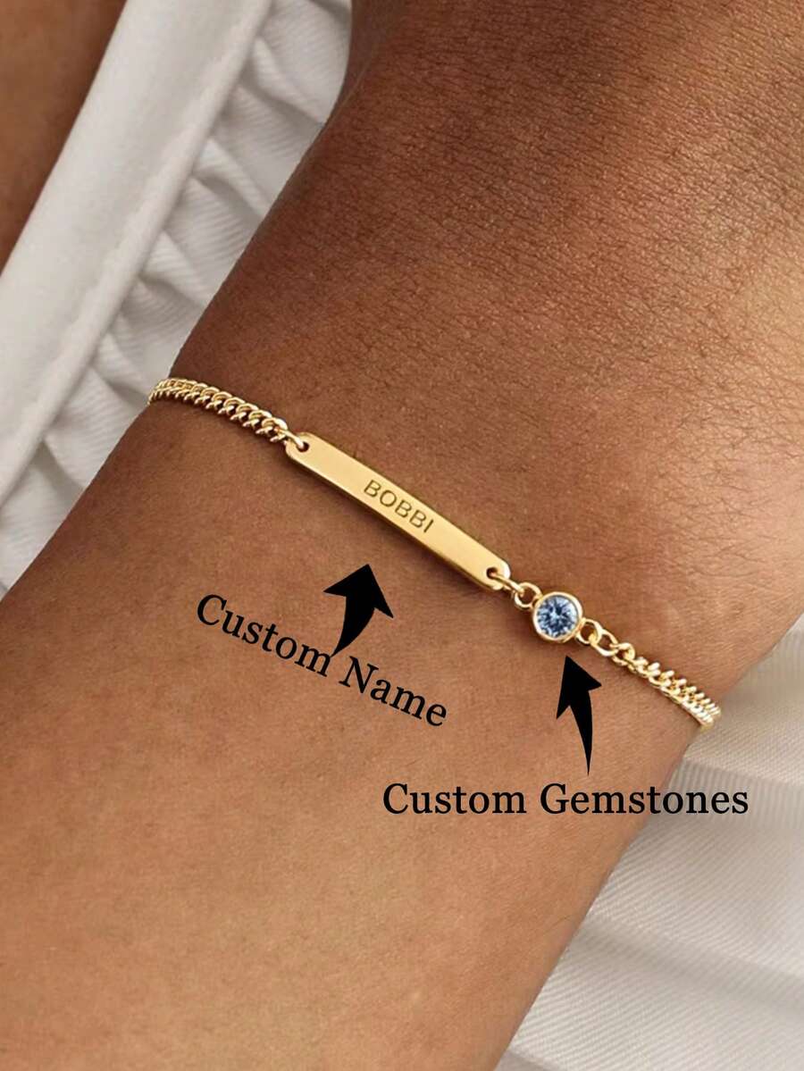 1pc Personalized Name Bracelet, Customizable Engraving, Birthstone Inlay, Stainless Steel Material, Adjustable Chain, Christmas/Birthday/New Year Gift, Charming Choice - Multicolor - View 1