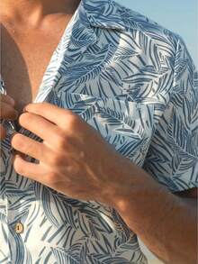 Mens Hawaiian Shirt Short Sleeve Buttoon Down Shirts Casual Tropical Floral Summer Linen Shirts - 藍色 - 查看 4