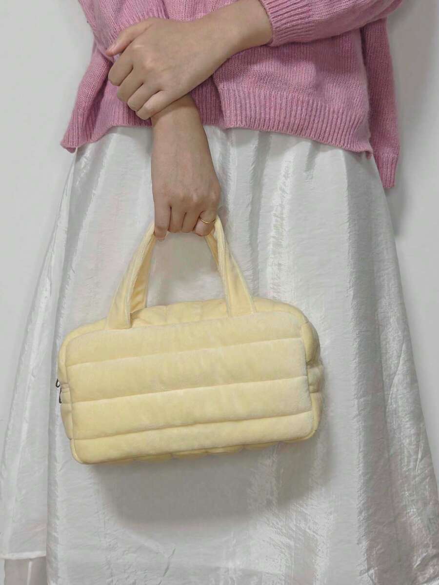 Joyeuse Casual Cute Dopamine Style Lightweight Soft Plush Puffy Down Knitting Quilt Bag Yellow Mini Hand Bag Square Bag For Girls And Women Perfect For Gift Bag And For Fall Essential For Shopping And For Daily Use