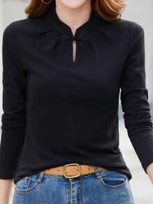 Autumn/Winter New Women's Chinese Style Button Fleece Top, Retro Elegant Fitted Base Shirt - Black - View 1
