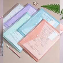 10pcs A4 Plastic File Bags, Thickened Transparent Snap Closure, Waterproof PP Material, Classic Style, Macaron Colors, Student Document Storage Pouches