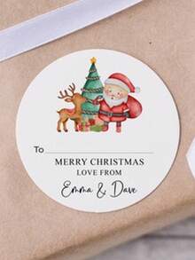 Personalisierte Weihnachts-Aufkleber-Geschenkanhänger - Größen: 40x40/50x50/70x70mm - mit Motiven von Weihnachtsmann, Rentier, Weihnachtsbaum - runde Namens-Geschenkanhänger - festliche Weihnachts-Tags