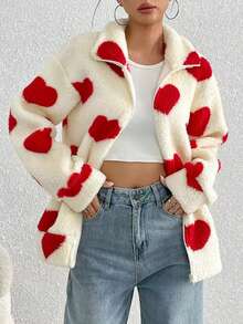 Women's Oversized Heart Print Fluffy Long Sleeve Zip-Up Cardigan, European And American Style, Autumn/Winter