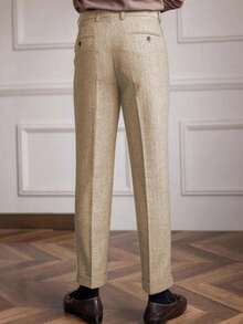 Mens Pants Wool Tweed Herringbone Vintage Dress Pant Trousers Regular Fit Suit Pants For Men - 香檳色 - 查看 2