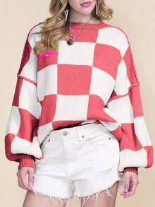 1 件女式红色毛衣，撞色格子针织罗纹加大码套头毛衣，基本款长袖上衣，加大码女式秋冬休闲/商务装 - 西瓜粉 - 查看 7