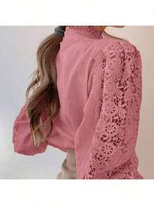 Women's Lace Floral Mandarin Collar Button Hollow Out Blouse Pink - Pink - View 4