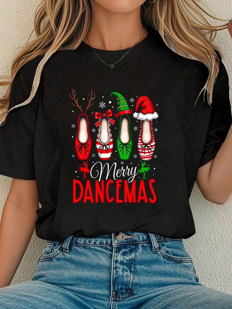 Women Cotton Tshirt Merry Dancemas Christmas Ballet Dancer Dance Lover Ballerina Tank Top Comfort Tshirt Women - màu đen - Xem 1