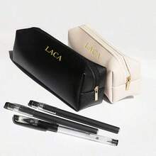 Customized Letters 1pc PU Leather Business Office Pencil Case Box Simple Student Zipper Pen Holder Engrave Initials Make Up Brushes Organizer Cosmetic Storage Bag For Gift,Bags & Luggage,2025 Halloween Accessories,Large Capacity - Black - View 7