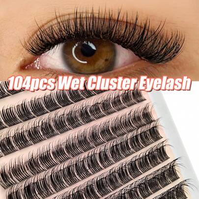 Rikuaild 104根D型卷翘湿润睫毛簇，10-16毫米纤细单根睫毛，自然蓬松湿润效果，在家即可打造沙龙级美睫效果，睫毛簇，单根睫毛，假睫毛