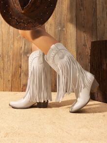 Women Cowgirl Western Boots Fringe Tassel Chunky Block Heels For Mid Calf Slip On Retro Casual Fashion Festival Ridding Shoes Beige Boots - 米色 - 查看 6