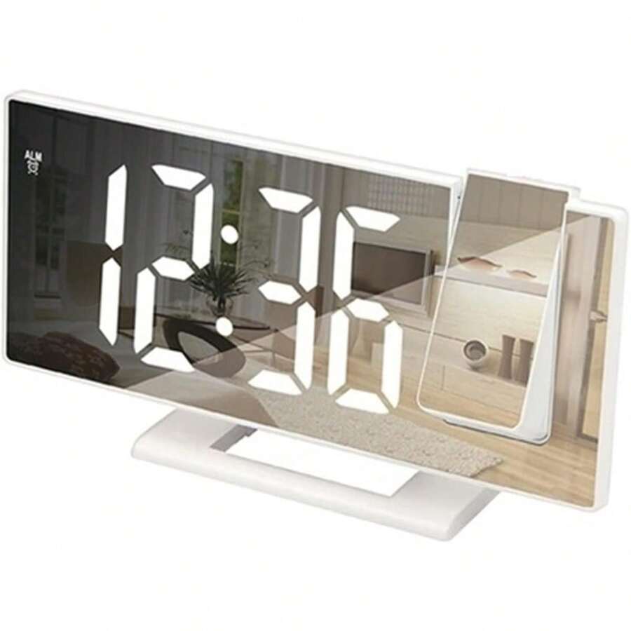 Bedroom LED Digital Projection Alarm Clock, Ceiling Projection Electronic Time Projector, Silent/Loud Dual Bedside Clock (White Base White Font), Home Decor Room Decoration