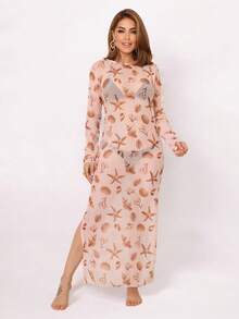 vestido longo tule saida de praia  Estampa total  Padrão Texturizado    Sexy    Casamento - estrela do mar bege - Visão 2
