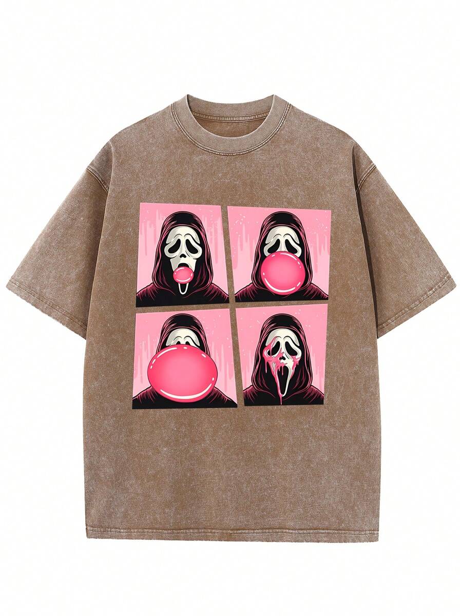 2025 New Halloween Ghost Face Short Sleeve T-Shirt, Funny Ghost Face T-Shirt, Halloween Retro Washed Cotton T-Shirt, Suitable For Men And Women's Clothing, Holiday Gifts - Cà phê nâu - Xem 1