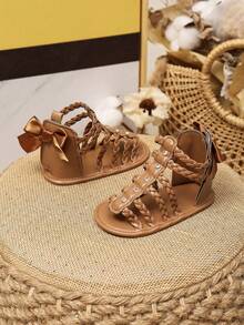 Yibubu Brown Infant Shoes,Infant Girl Shoes,Weaving Design,Cute Bow,Simple And Fashionable,Soft Sole Anti-Slip,Newboen Infant Shoes,First Walker