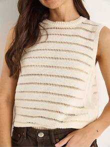 女款圓領鏤空基本款針織襯衫 20258009 - 奶油色 - 查看 5