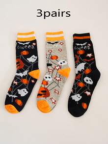 3 Pairs Halloween Pumpkin, Ghost, Spider Web Printed Mid-Calf Socks, Unisex Casual Gifts, Fall