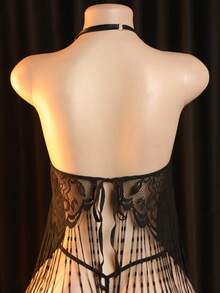 2 件性感内衣套装黑色蕾丝吊带流苏围裙文胸带腰带和内裤 - 黑色 - 查看 5