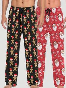 2pcs Christmas Gingerbread Man & Santa Claus Print Casual Lounge Pants Set For Men, Autumn/Winter