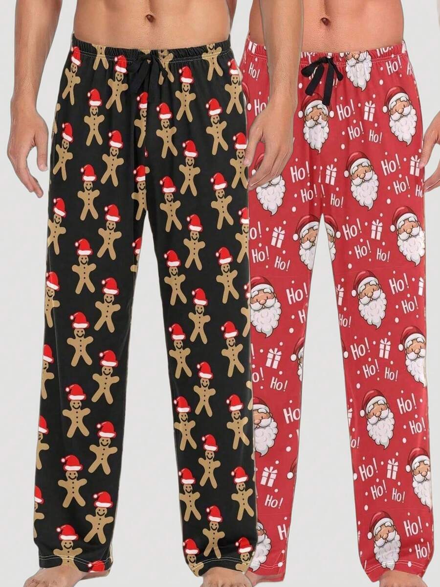 2pcs Christmas Gingerbread Man & Santa Claus Print Casual Lounge Pants Set For Men, Autumn/Winter