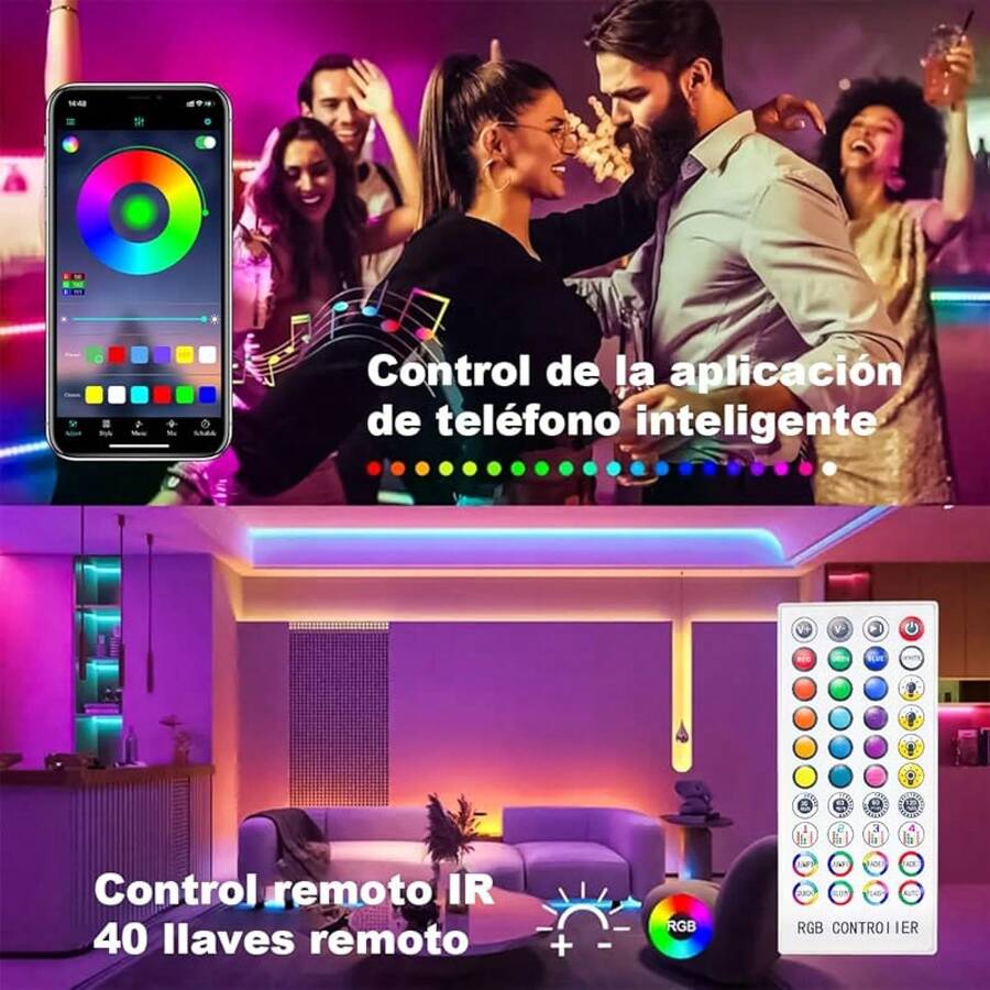 Luces LED Blutooth 30M, Tira LED RGB 5050 Inteligentes, Luz LED Sincronizar con Music, Control Remoto IR de 44 Teclas + Control de App, para Cuarto, Bar, Fiesta, DecoracióN de Interior - 40/131 pies - Ver 1