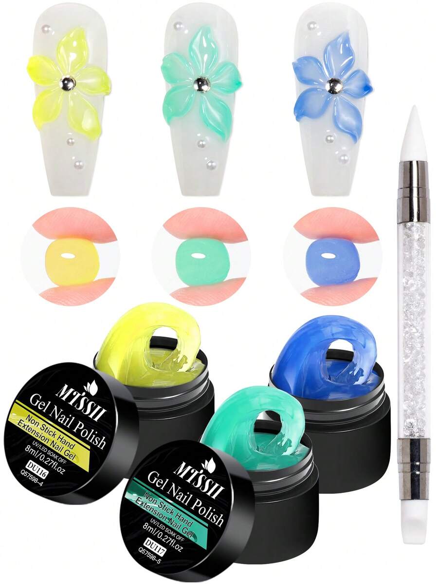 Mtssii 4PCS/Set 8ml Glass Jelly Non Stick Hand Extension Gel Nail Polish For 3D Carved Flower Nail Art Acrylic Gel Varnish Solid Builder Gel,Nail Art Building UV Gel Milky Jelly Hard Gel For Nail Painting Carving Tools - 彩色 - 查看 1